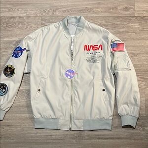Gray Bomber Jacket with NASA Logo and Ribbed Cuffs